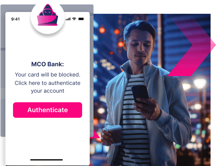 A man holding a smartphone and coffee cup stands in a city at night. A phishing message on his phone urges him to authenticate his account to avoid card block—but vigilance can help stop more ATOs and protect personal information.