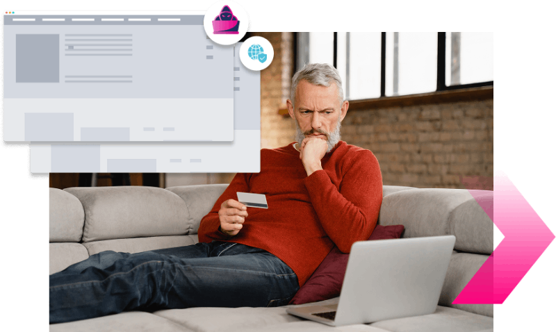 A man sits on a couch holding a credit card and looking at a laptop screen, with digital browser window graphics overlaid in the foreground, highlighting the importance of Digital Impersonation protection.